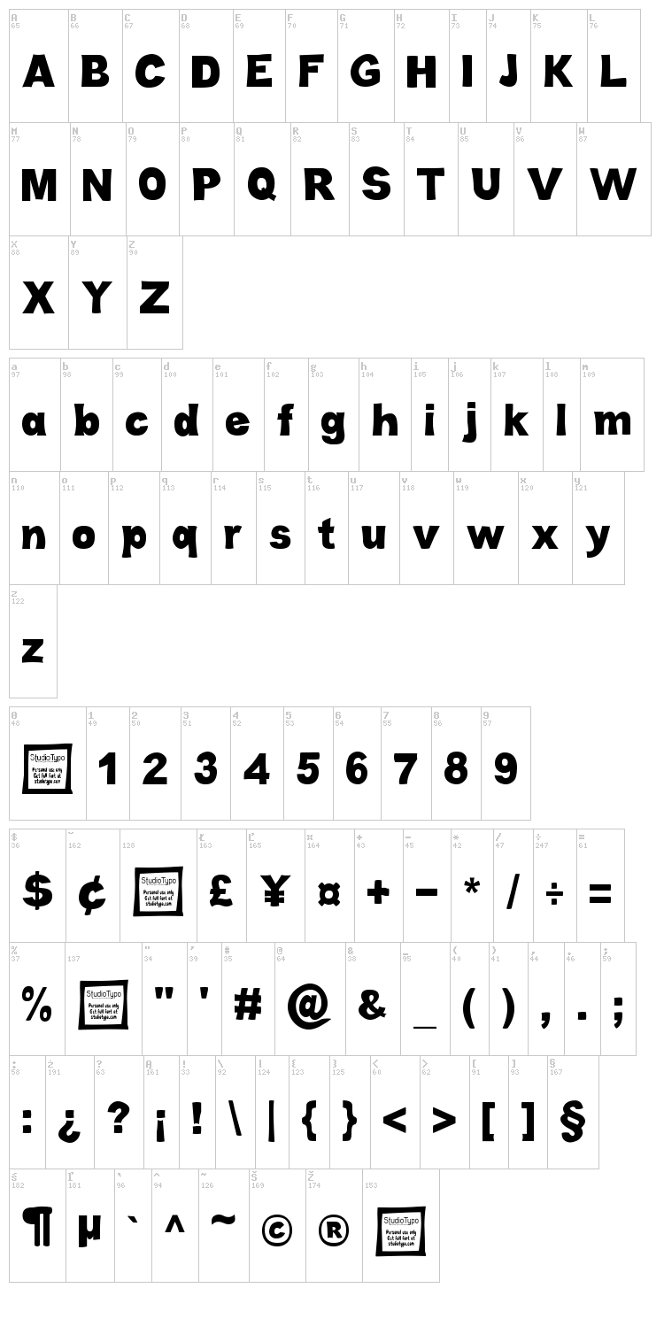 Cabold Comic font map